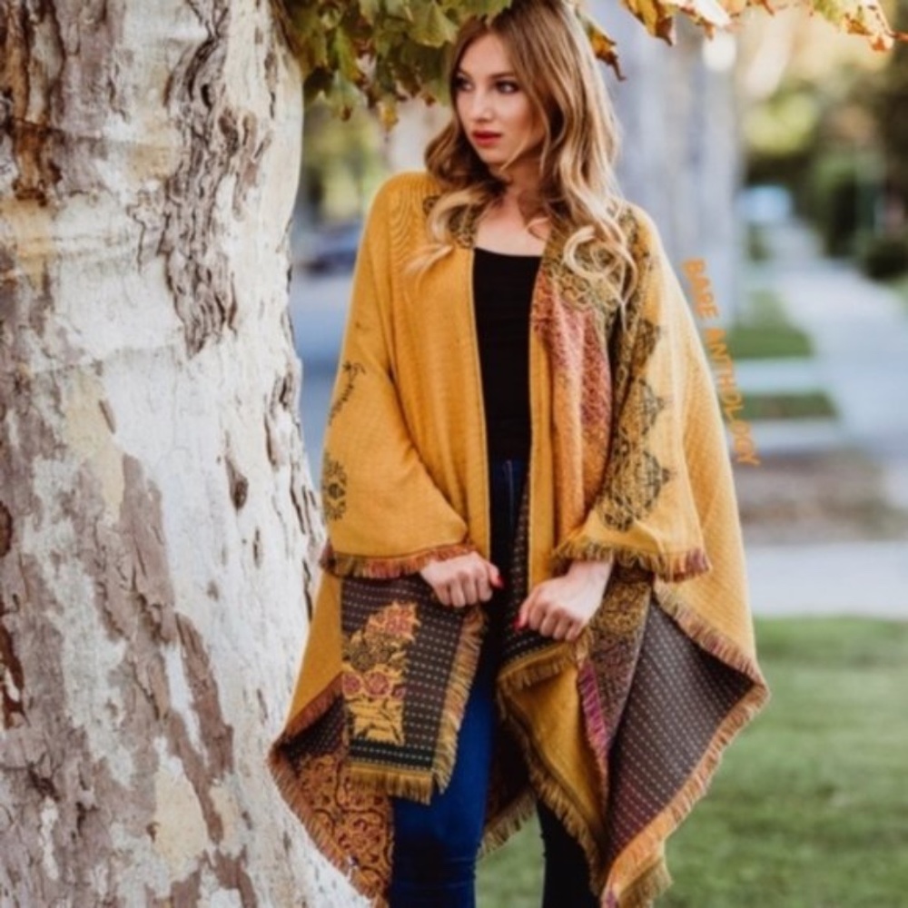 Boho mustard floral print paisley poncho kimono Shawl - Picture 3 of 6